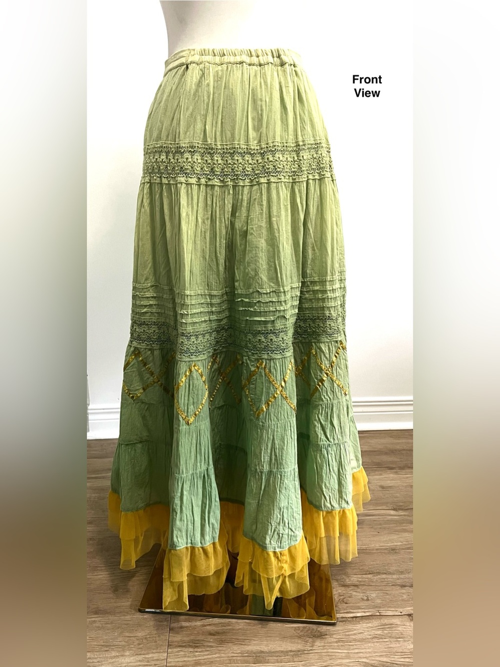 🇨🇦 Vintage Boho Maxi Skirt • Green Ombré • Crinkle Cotton Feel • Lace & Ribbon - Picture 9 of 14